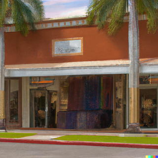 Oil painting showcasing the exterior of our luxury, modern rug store in West Palm Beach, known for hand-knotted, naturally dyed area rugs
