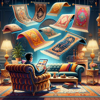 A whimsical cartoon illustration showing a person lounging in a cozy living room, browsing colorful rugs on a digital device, with magical rugs floating from the screen into the room, symbolizing the joy and convenience of online rug shopping
