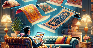A whimsical cartoon illustration showing a person lounging in a cozy living room, browsing colorful rugs on a digital device, with magical rugs floating from the screen into the room, symbolizing the joy and convenience of online rug shopping
