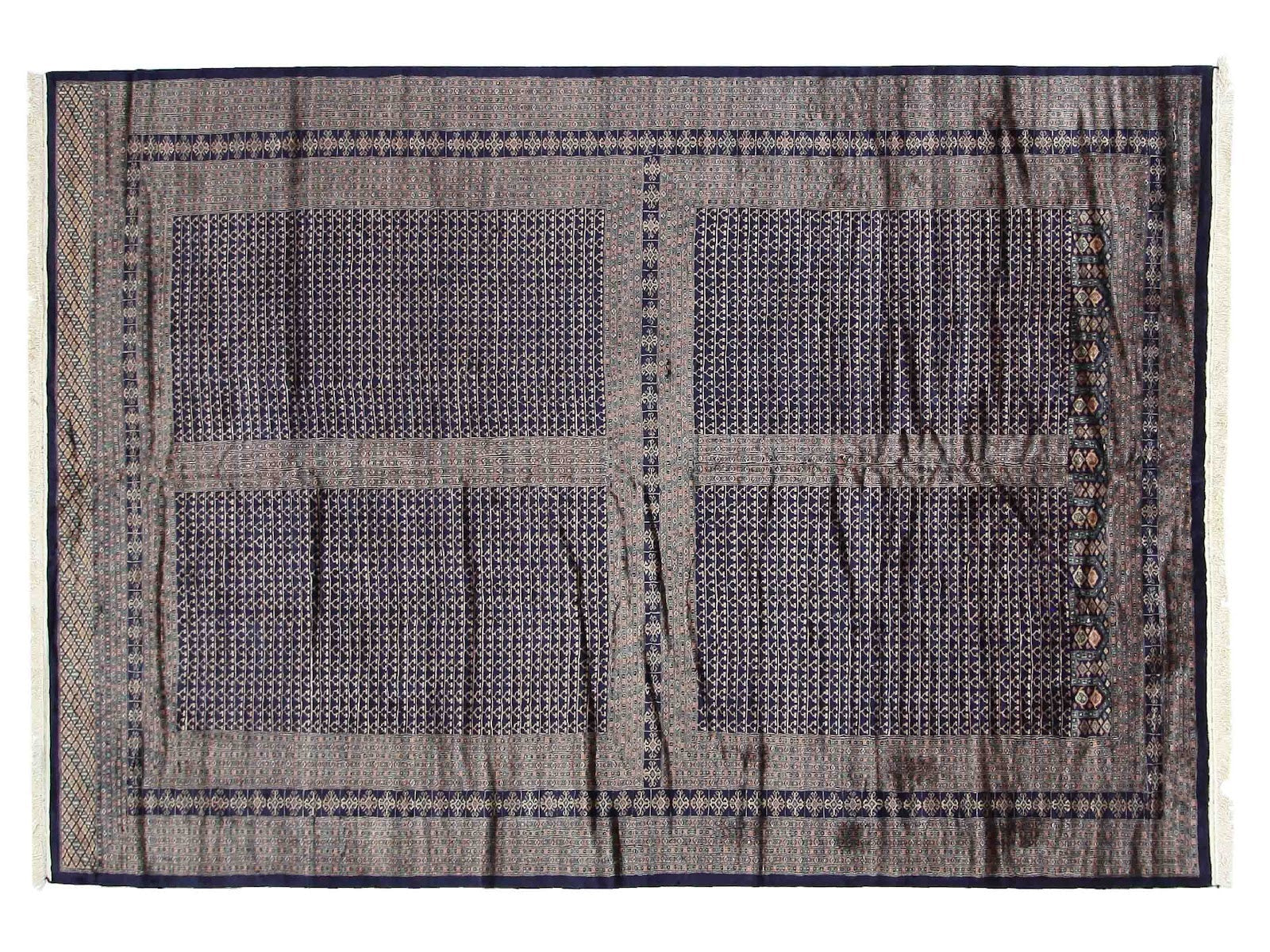 10x14 traditional Bokhara rug with navy rectangles on a rust background