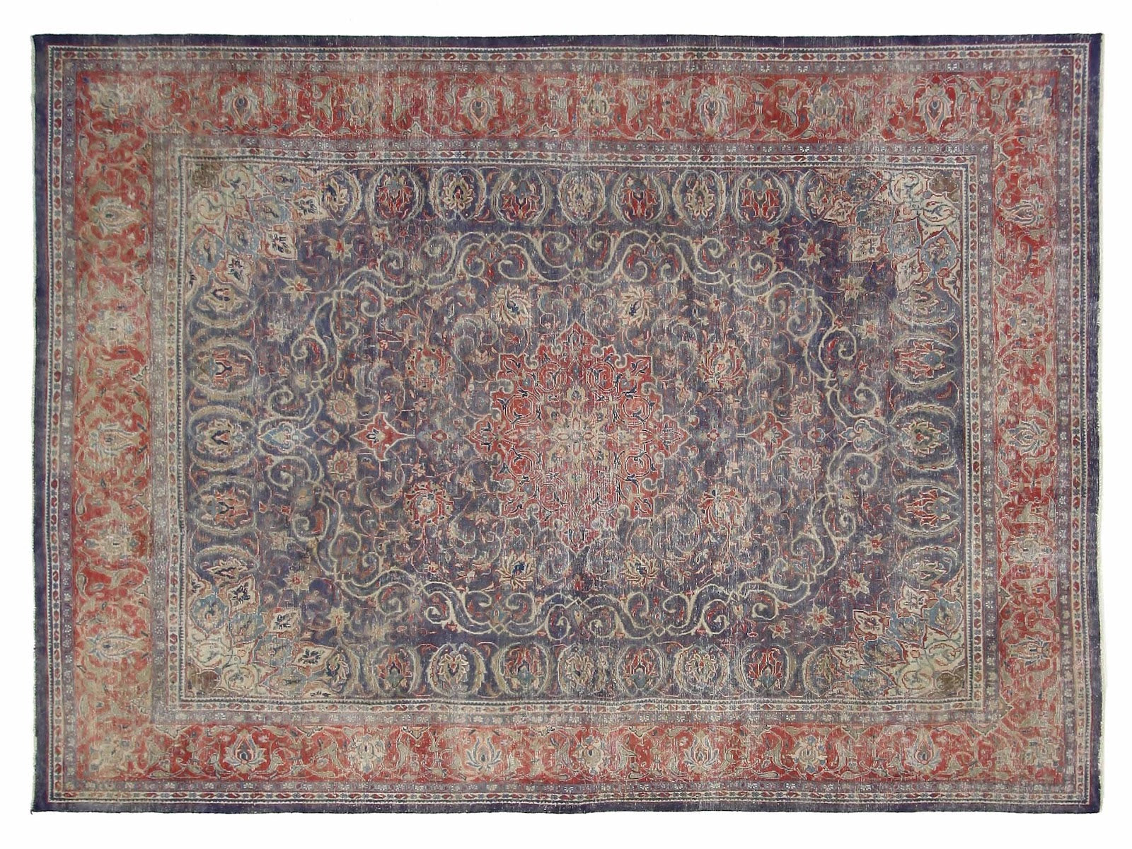 10x14 vintage Persian wool rug with a red medallion and border set against a blue main color, symbolizing Persian craftsmanship.