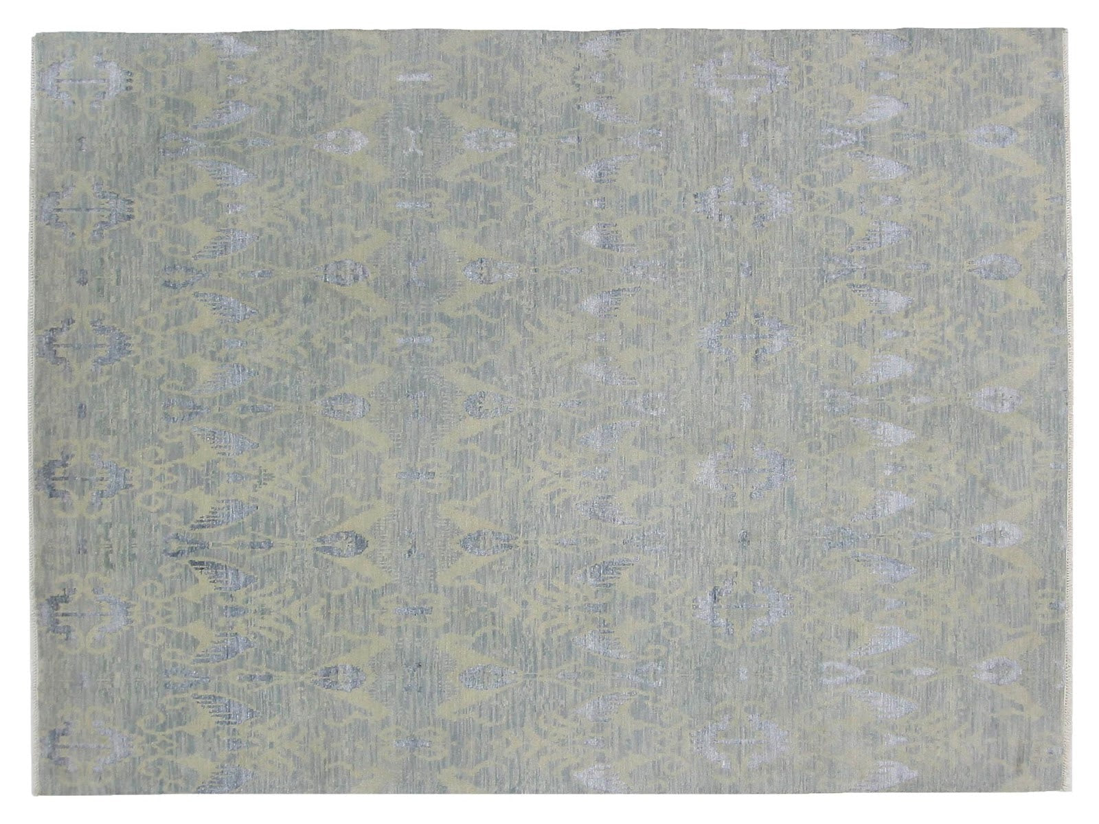 9x12 transitional wool rug featuring a blend of blueish grays and faded traditional motifs, hand-knotted in Pakistan