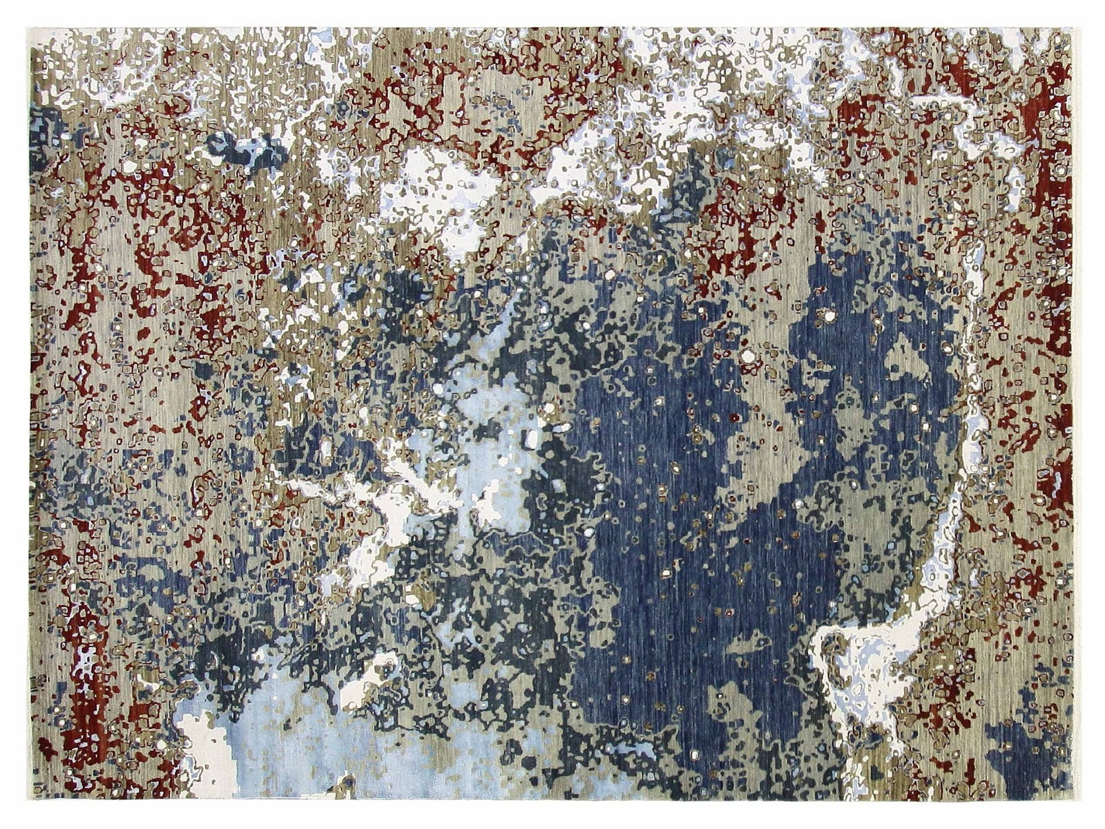 10x14 hand-knotted wool rug from Turkey with a modern galaxy design in shades of blues, beige, with white and red touches