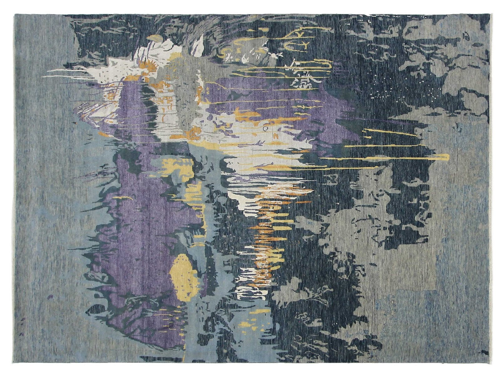 10x14 hand-knotted wool rug with an abstract design, featuring a vibrant color palette set against a grey background