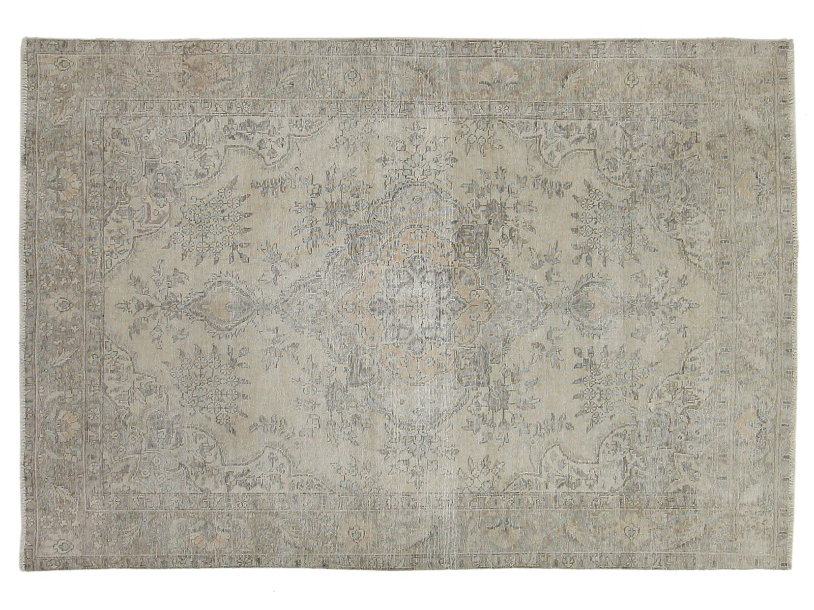 6x9 vintage Persian wool rug with a minimal medallion design in neutral faded colors, hand-knotted in Persia