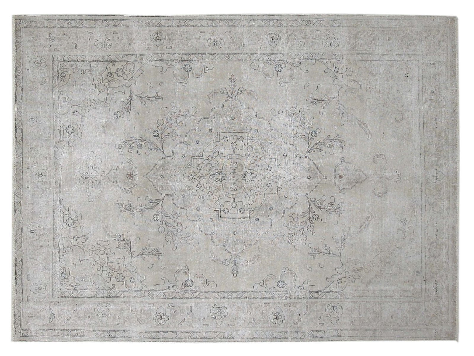 8x10 vintage Persian rug with faded neutral colors and traditional design, hand-knotted in Persia.
