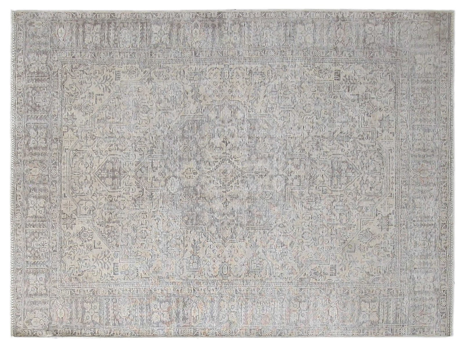 8x10 vintage Persian wool rug with muted neutral colors and traditional motifs, handwoven in Persia