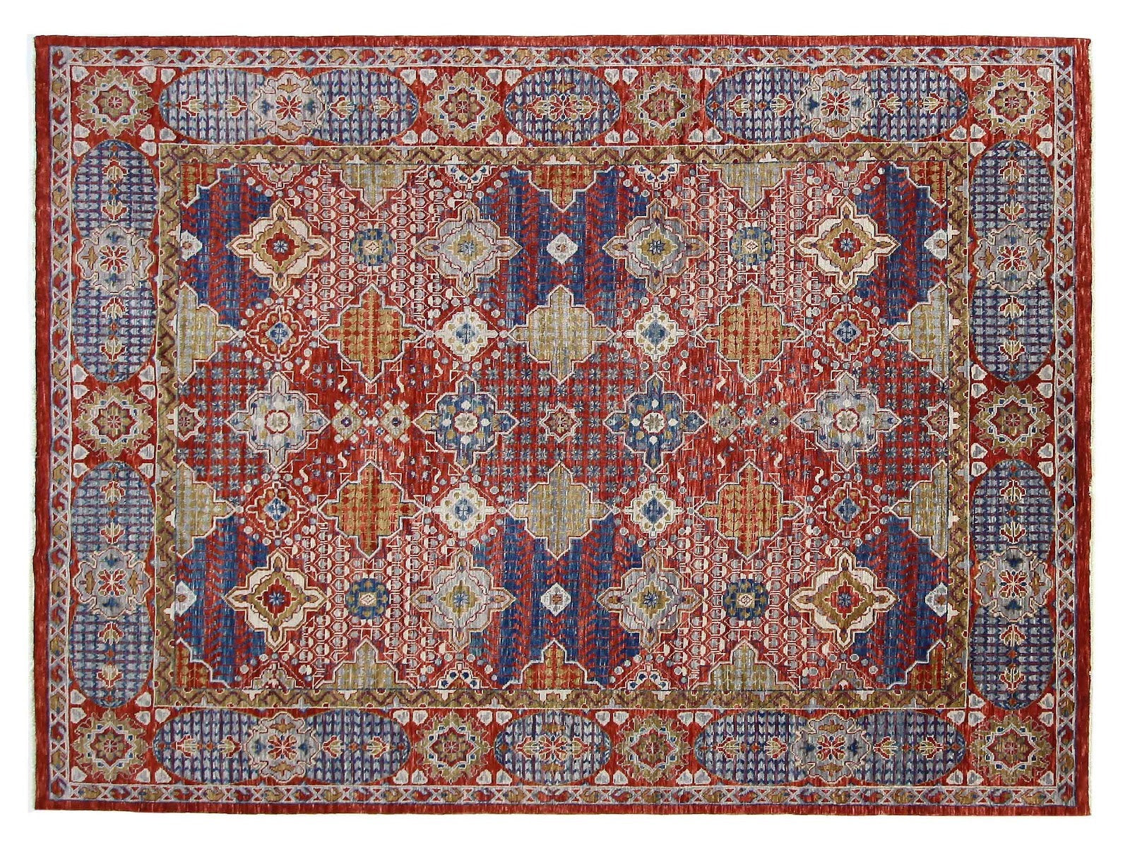 12x15 hand-knotted Anatolian tribal rug, rich in red with a navy border and unique tribal patterns
