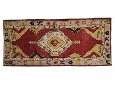 3x6 classic Anatolian runner rug in red with light gray and yellow geometric patterns, hand-knotted in wool.
