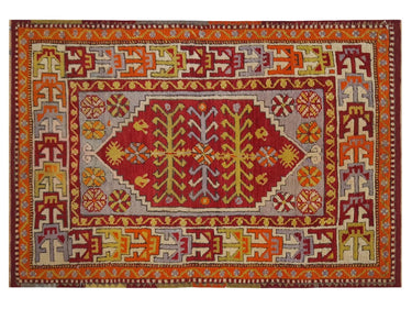 3x5 Anatolian rug featuring tribal patterns in vibrant orange and rust tones, handmade in 100% wool.