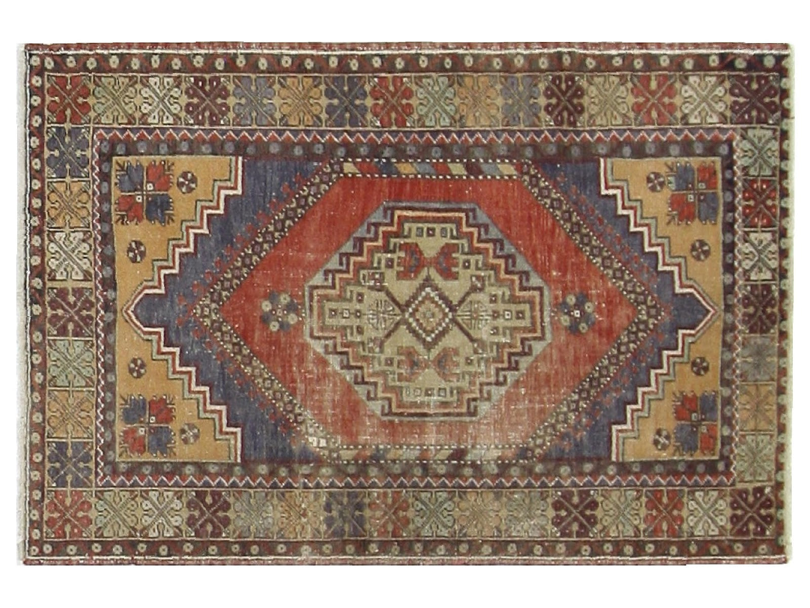 4x6 Anatolian rug with tribal geometric designs, featuring an orange backdrop and a multi-color border of blues, reds, and browns.