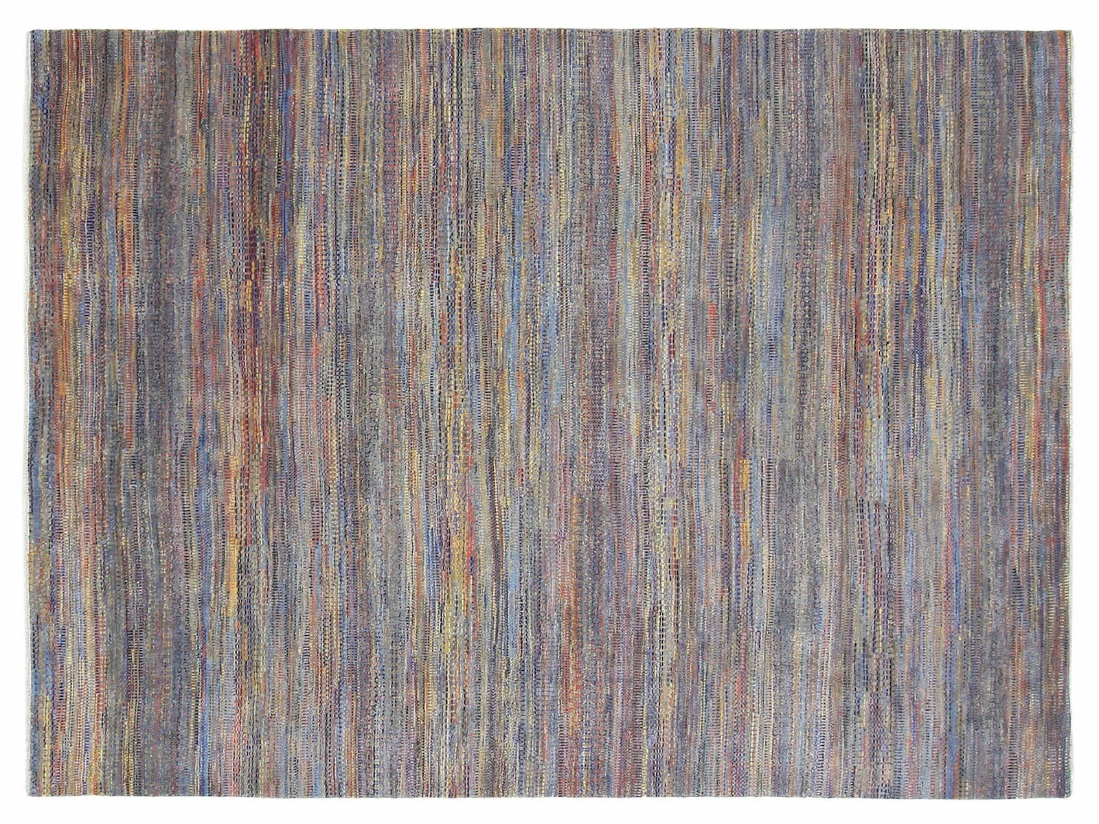 9x12 contemporary hand-knotted rug made of wool and viscose, with navy blue center and vibrant rainbow borders