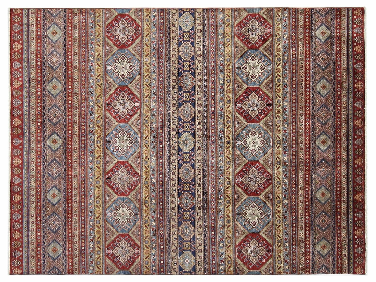 8x10 tribal rug featuring a diverse palette of blues, reds, purples, yellows, and blacks, with geometric designs, hand-knotted in 100% wool.