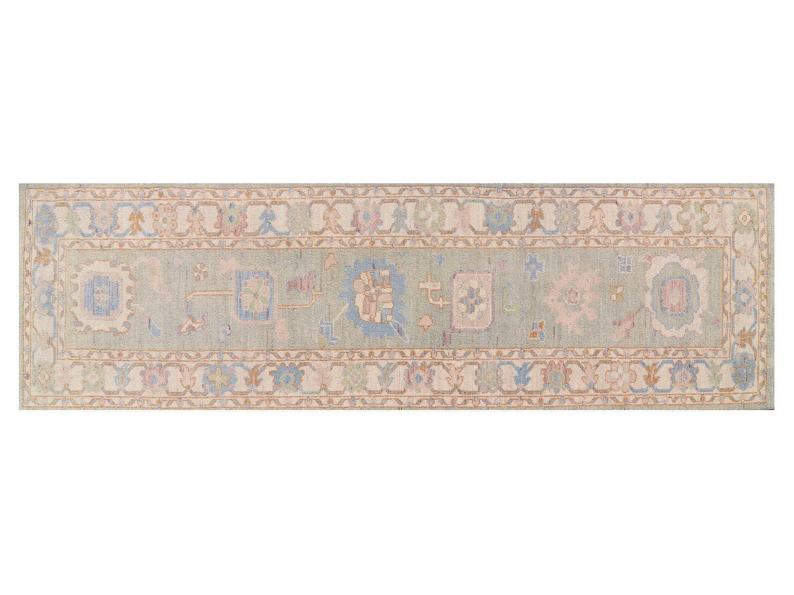 3x12 Turkish Oushak runner rug in a soft green with an ivory border, hand-knotted and ideal for hallways