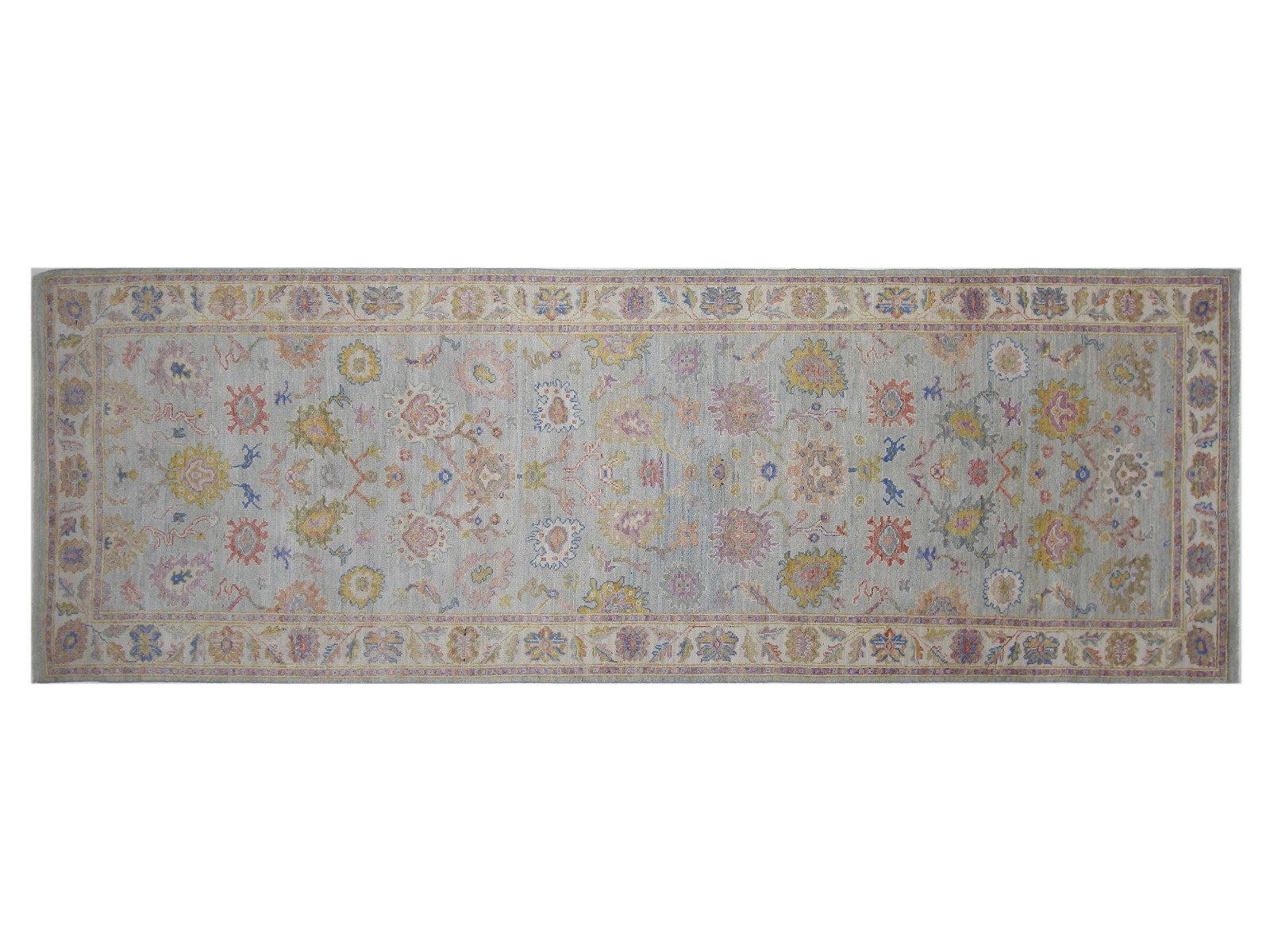 5x15 Oushak runner rug in light blue with a neutral border, showcasing traditional design, ideal for hallways.
