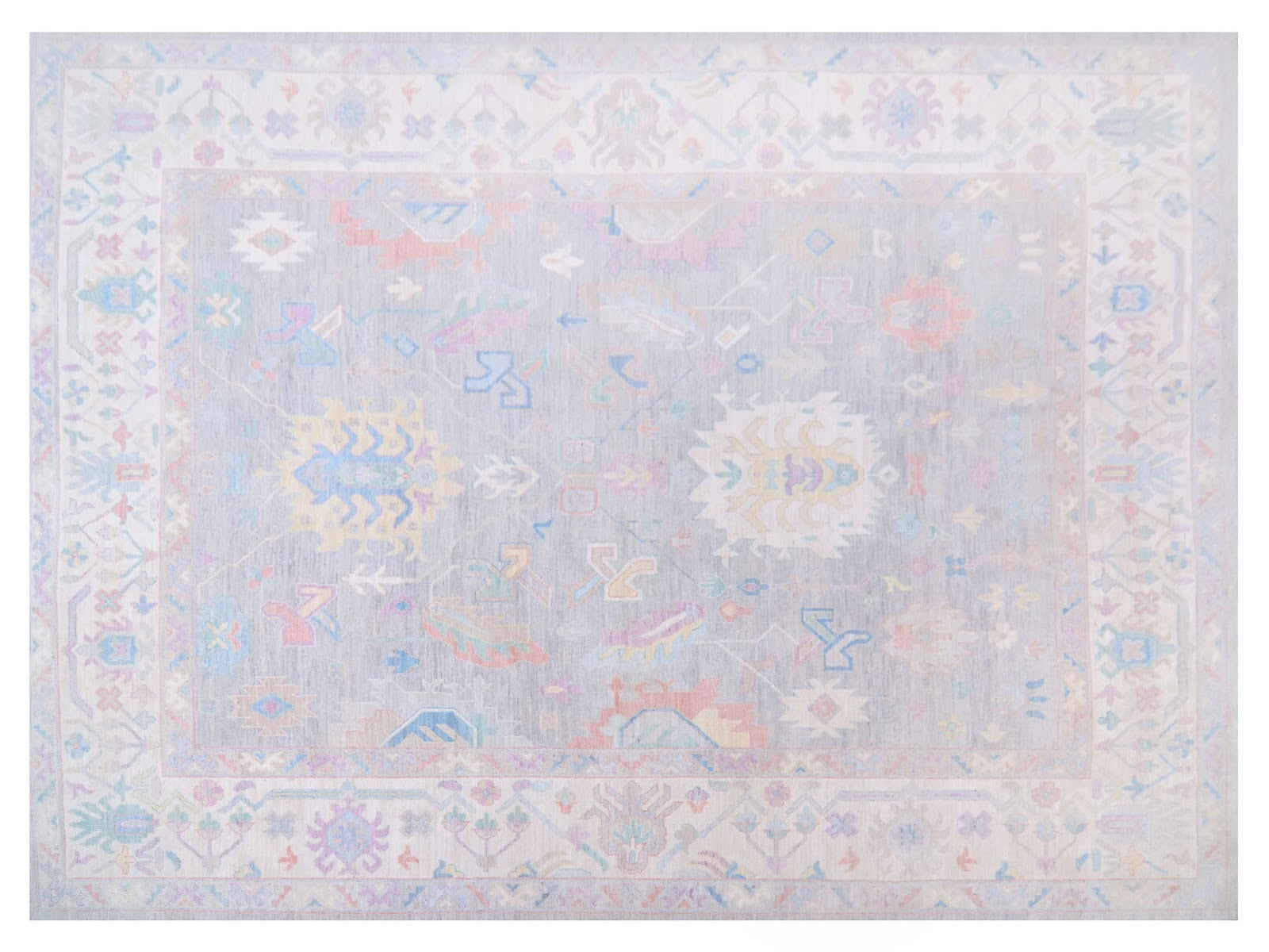 Exquisite Turkish Oushak rug with a light gray base, adorned with vibrant multicolor motifs