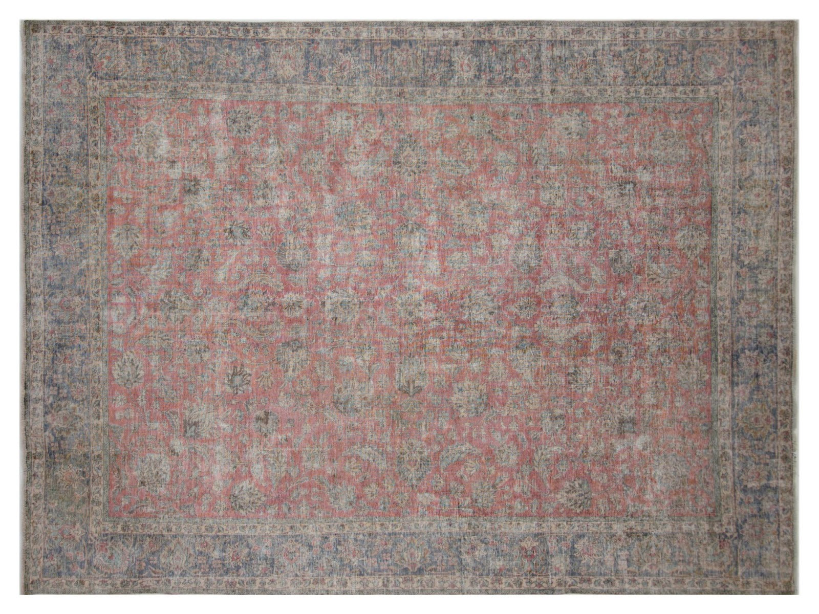 10x14 hand-knotted vintage Persian Art Deco rug, upcycled in blue with a red/rust border, perfect for modern-transitional interiors