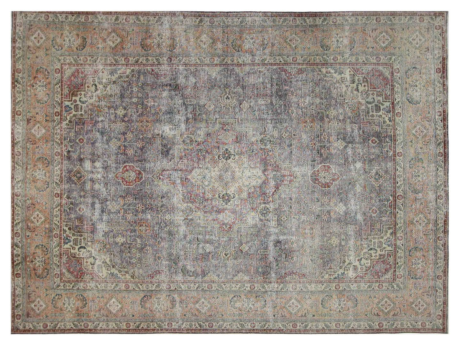 9x12 vintage Tabriz rug with a rich purple field and coral border, hand-knotted in 100% wool.