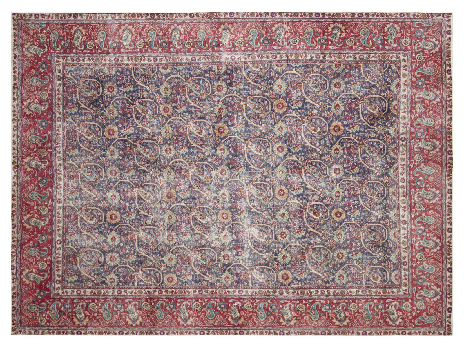 9x12 faded vintage Persian wool rug with blue central color and traditional red border, featuring allover Persian motifs