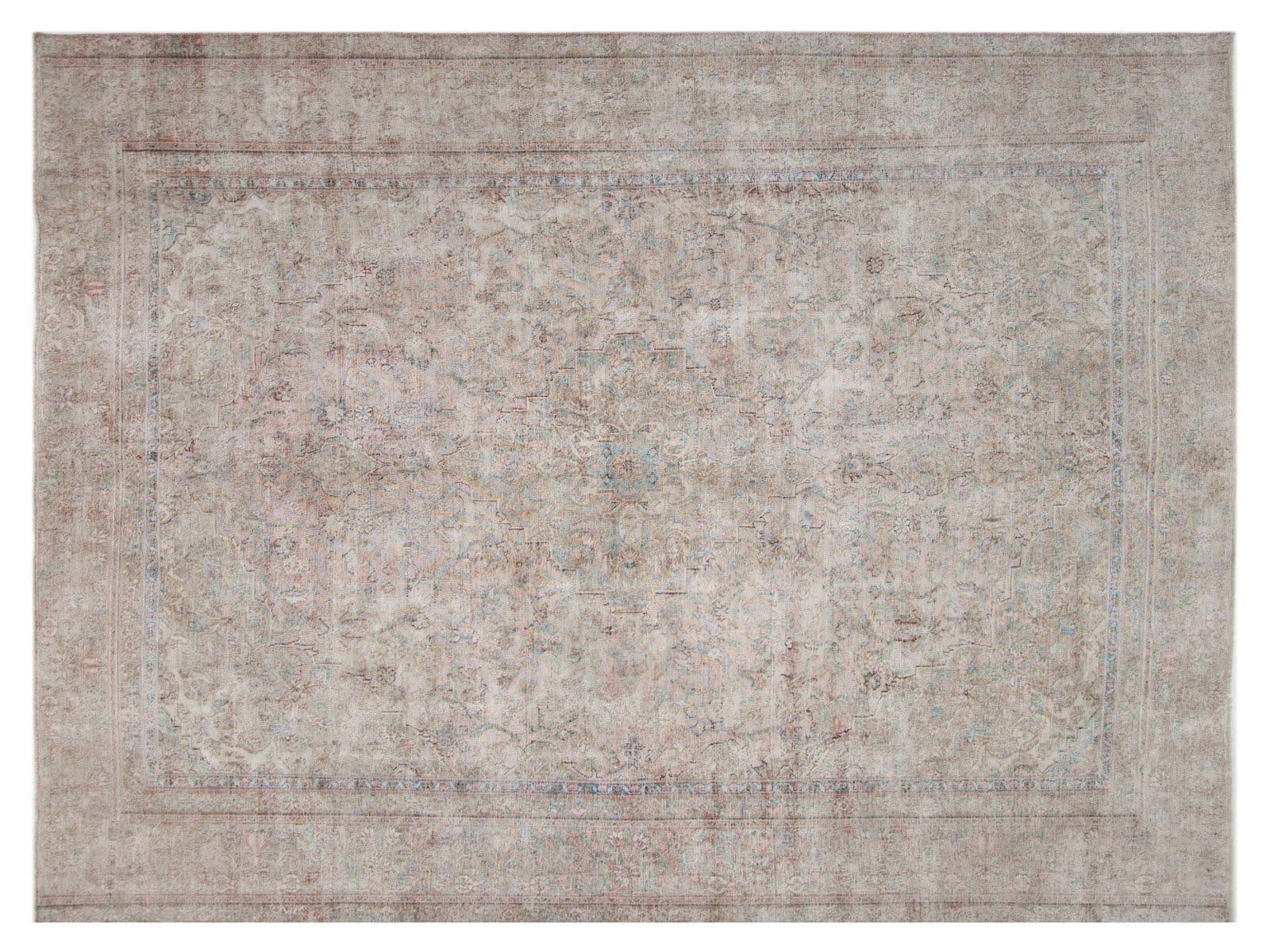 9x12 vintage Persian rug hand-knotted in 100% wool, featuring neutral earth tones and a subtly faded Persian design.
