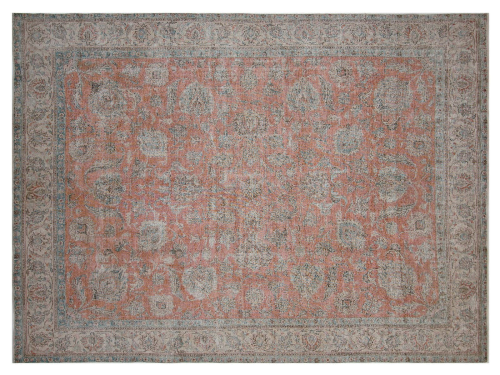 9x12 vintage Persian rug featuring faded red colors and a beige border, hand-knotted in 100% wool
