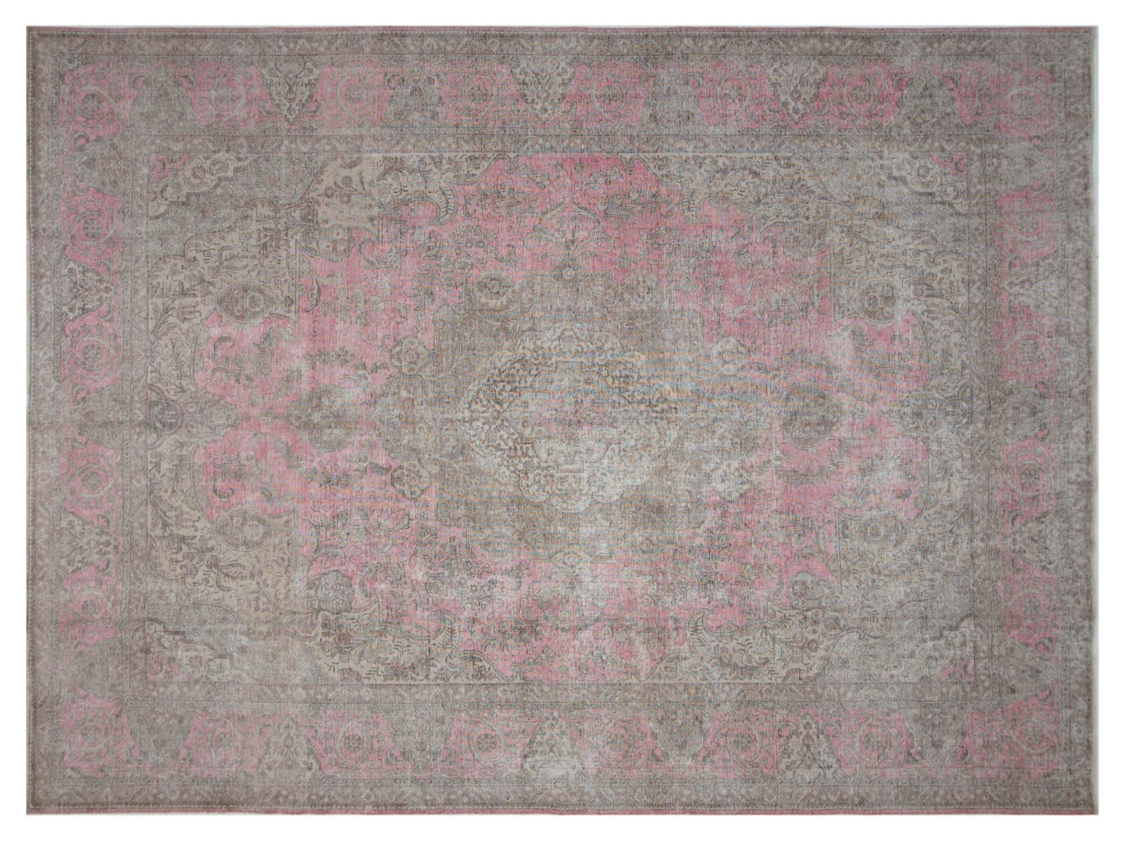 12x15 hand-knotted vintage wool rug with faded medallion design, beige border, and pink touches