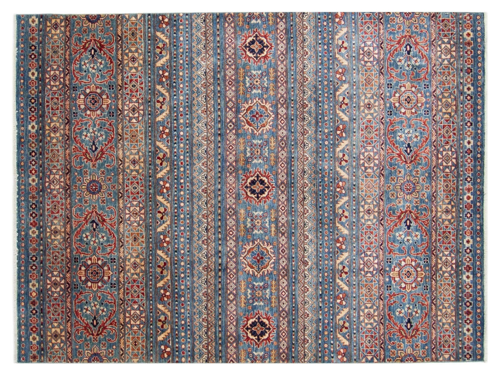 5x8 tribal wool rug with colorful motifs and a blue border, reflecting Kazak-inspired design
