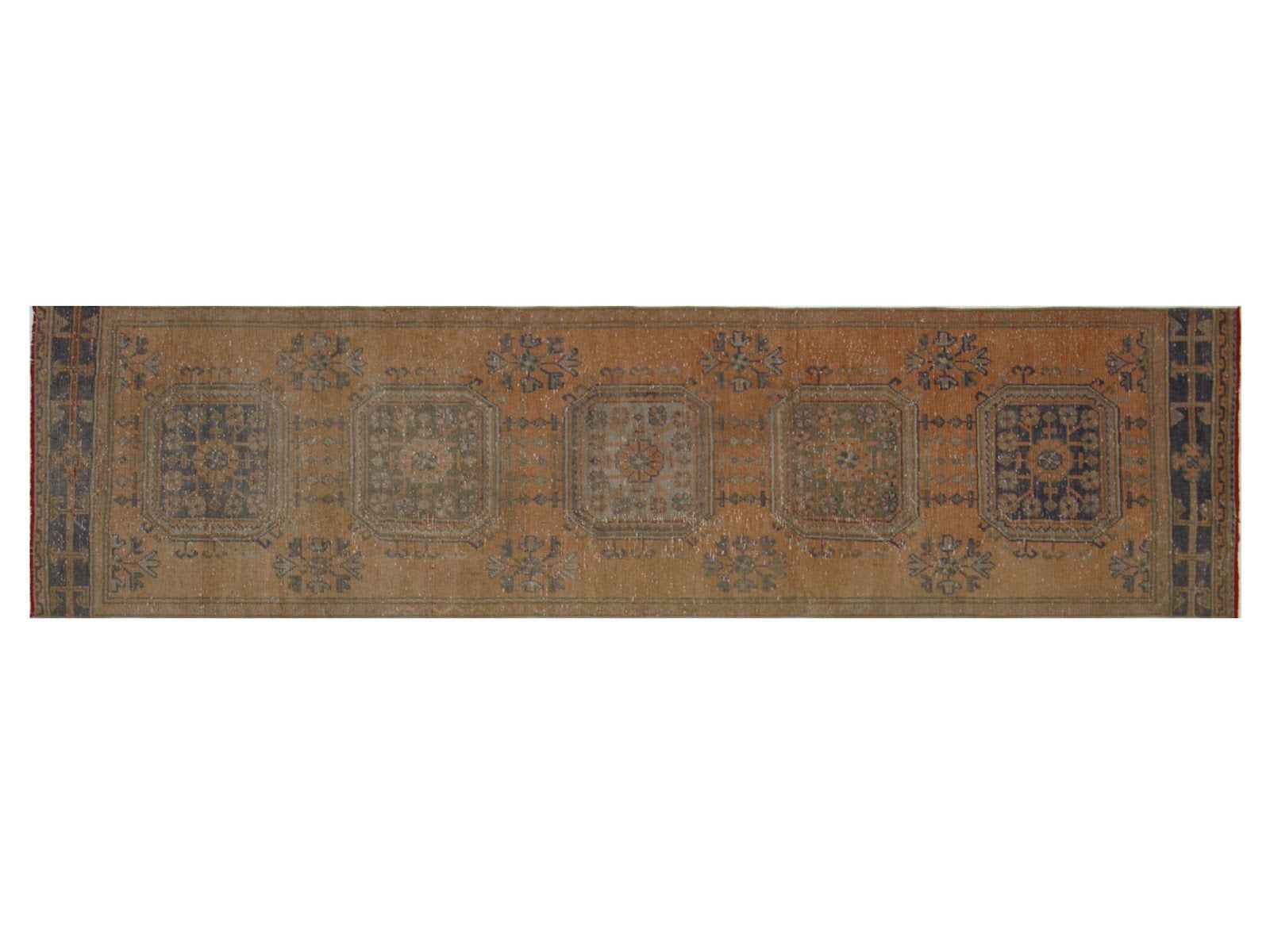 3x11 traditional Kurdish runner rug, handmade in Turkey with geometric designs in rust and brown, crafted from 100% wool