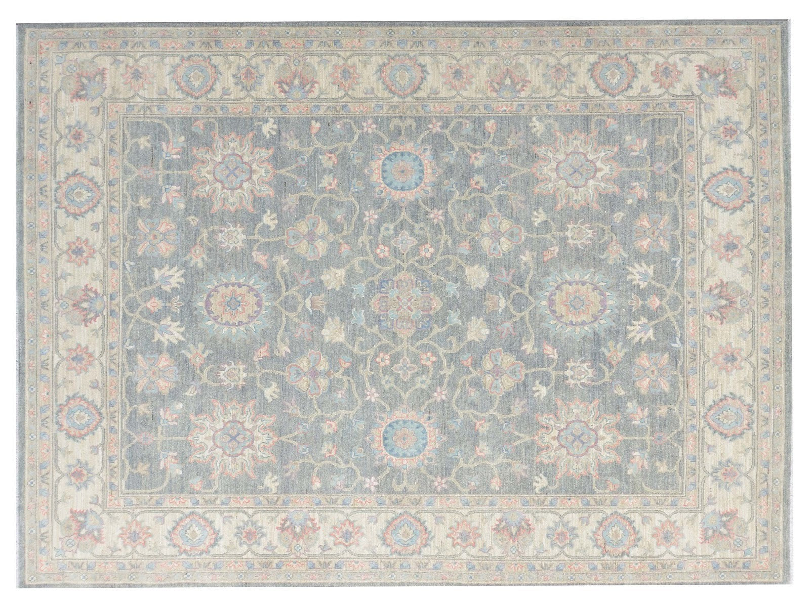 8x10 hand-knotted Ziegler wool rug in a transitional design featuring neutral tones, floral patterns, and gray-blue-purple accents