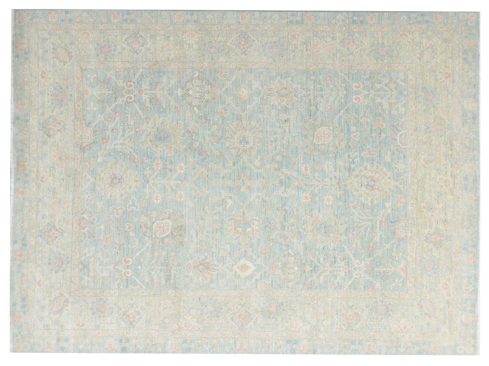 8x10 hand-knotted Ziegler rug with soft neutral colors and floral motifs