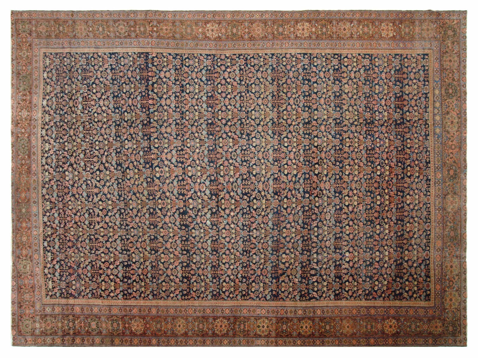 14x17 Vintage Persian Sultanabad Wool Rug with Rust Border and Navy Background