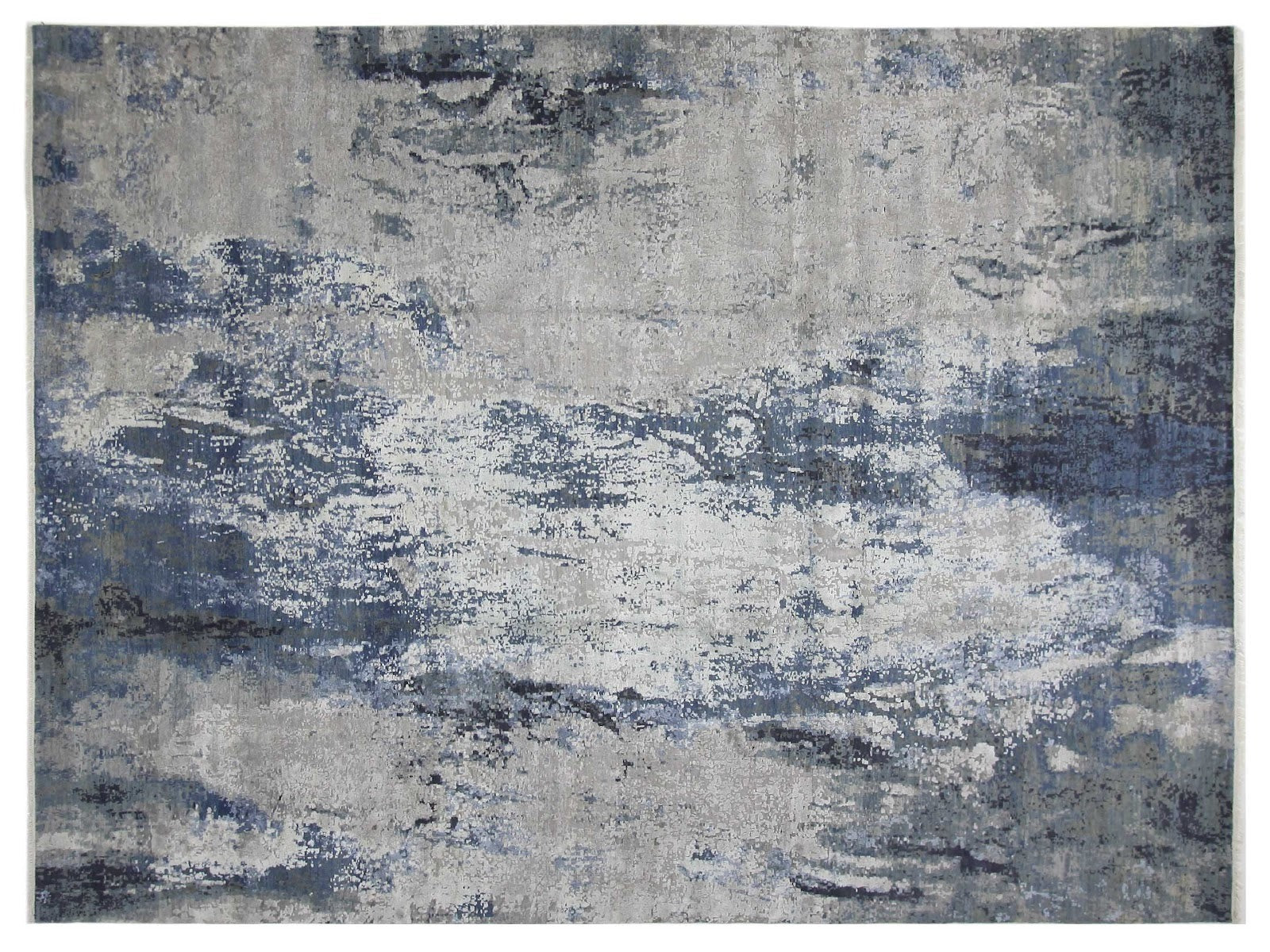 Luxury modern wool and silk rug with a cloudy design, featuring a harmonious blend of gray, white, and blue tones framed by a beige border